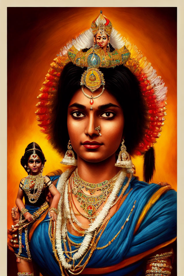Stylized portrait of a woman in traditional Indian attire with smaller figure above her.