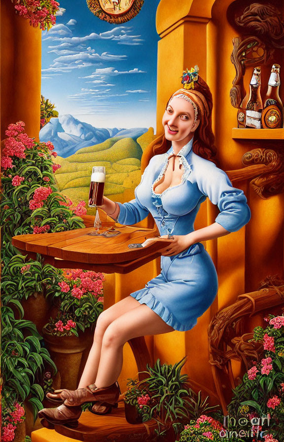 Smiling woman in German attire with beer, clocks, mountain landscape