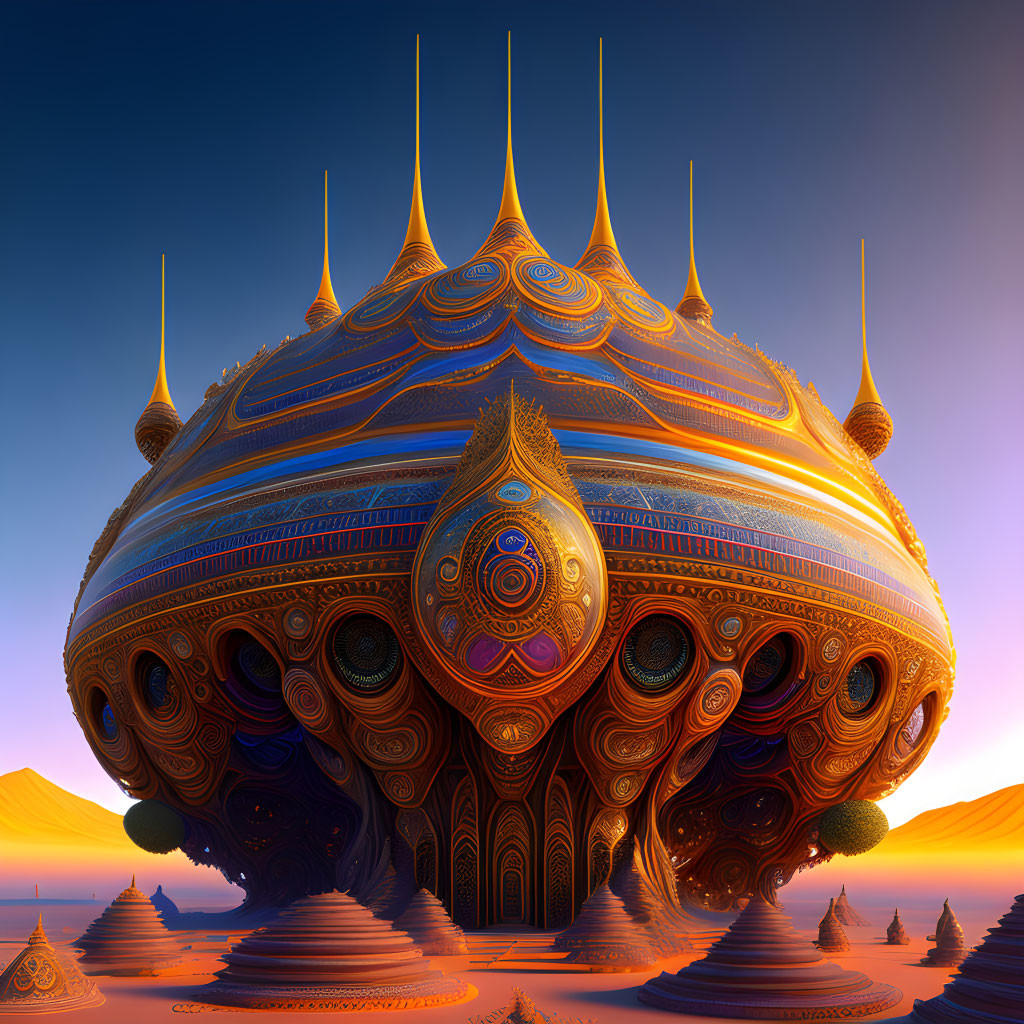 Surreal alien-like structure with spires above desert landscape
