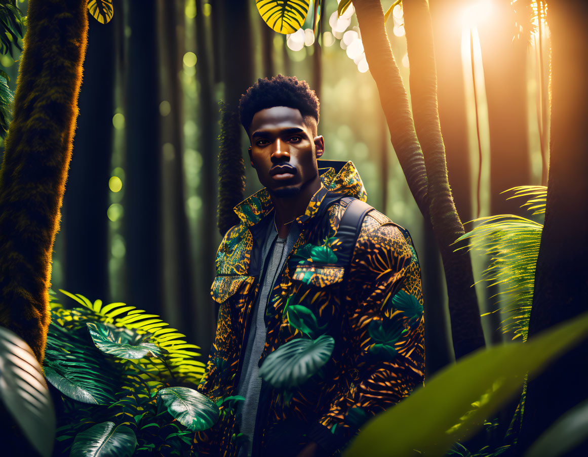 Patterned Jacket Man in Lush Greenery with Sunlight Filtering