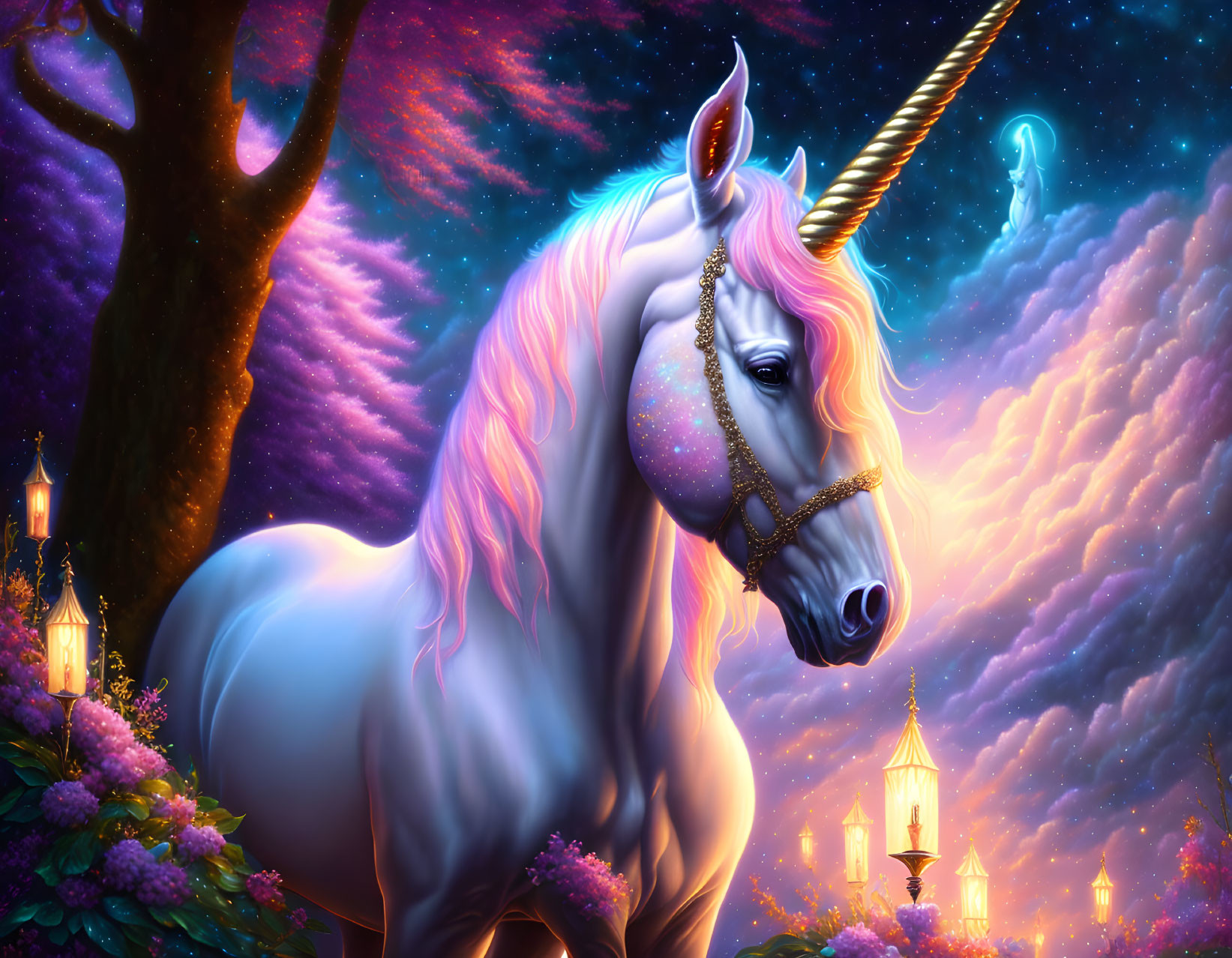 Majestic unicorn with sparkling horn in mystical landscape