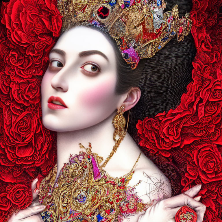 Portrait of Woman with Pale Skin Surrounded by Red Roses and Ornate Gold Jewelry