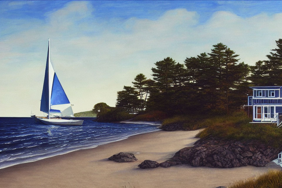 Tranquil coastal landscape with sailboat, beach, rocks, house, trees, and clear sky