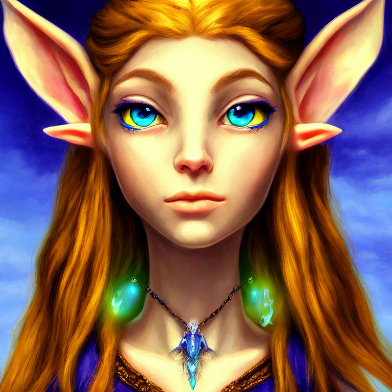 Fantasy elf digital portrait with blue eyes and gemstone necklace