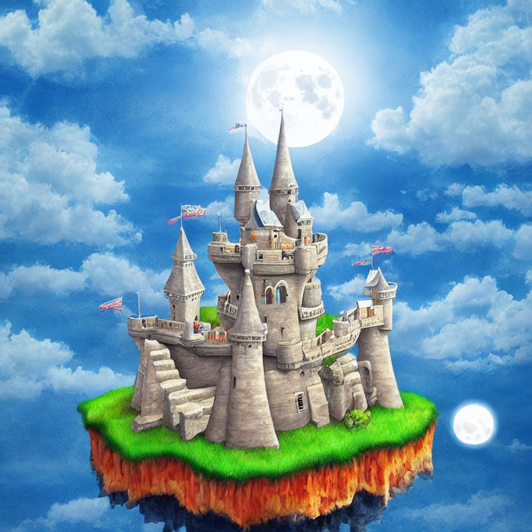 Majestic castle on whimsical floating island with lava edges