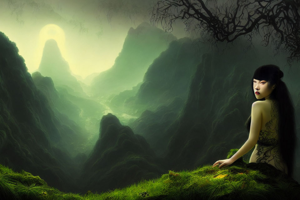 Woman sitting by cliff's edge overlooking misty green mountains under hazy sun