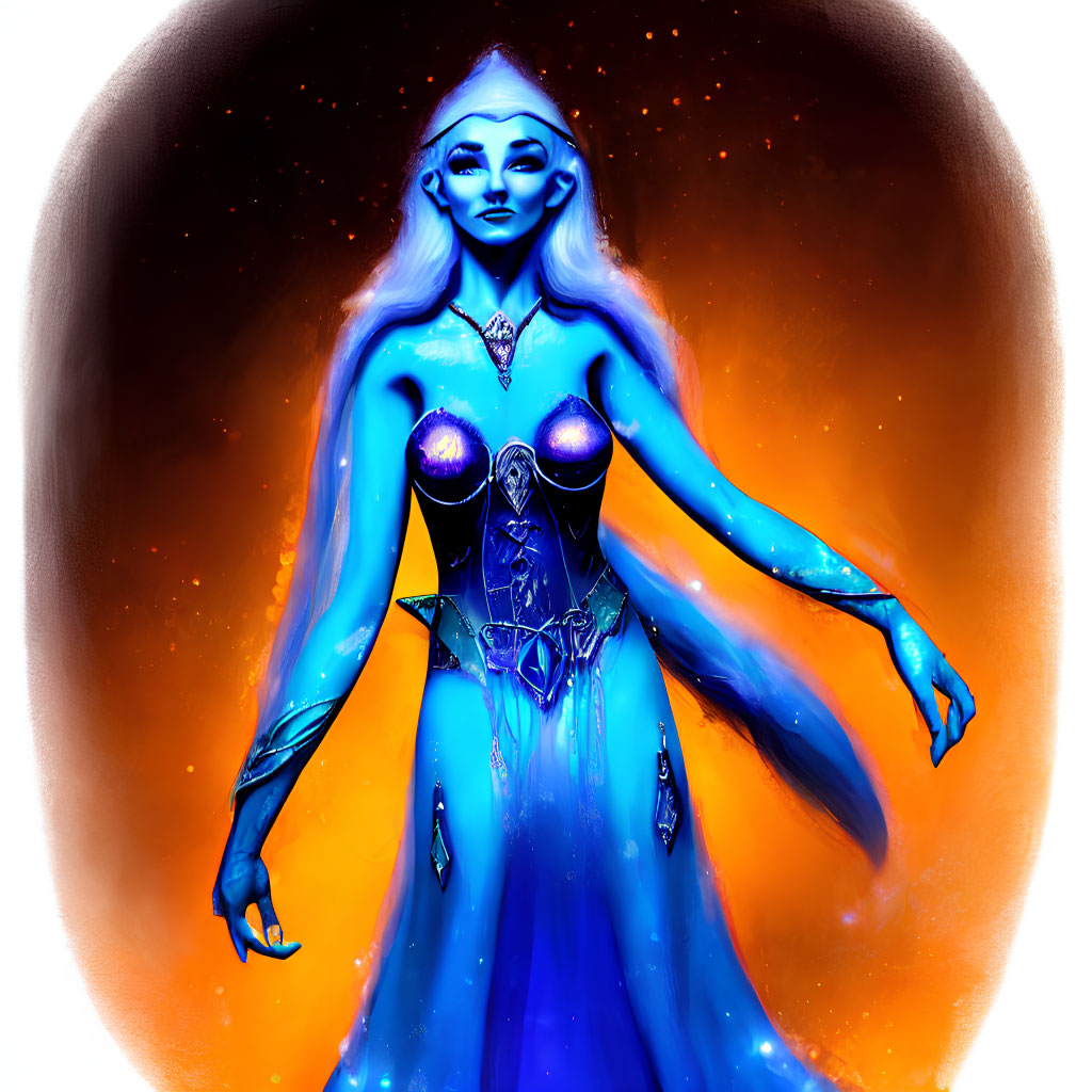 Fantasy Art: Blue-Skinned Woman in Elaborate Attire on Fiery Background