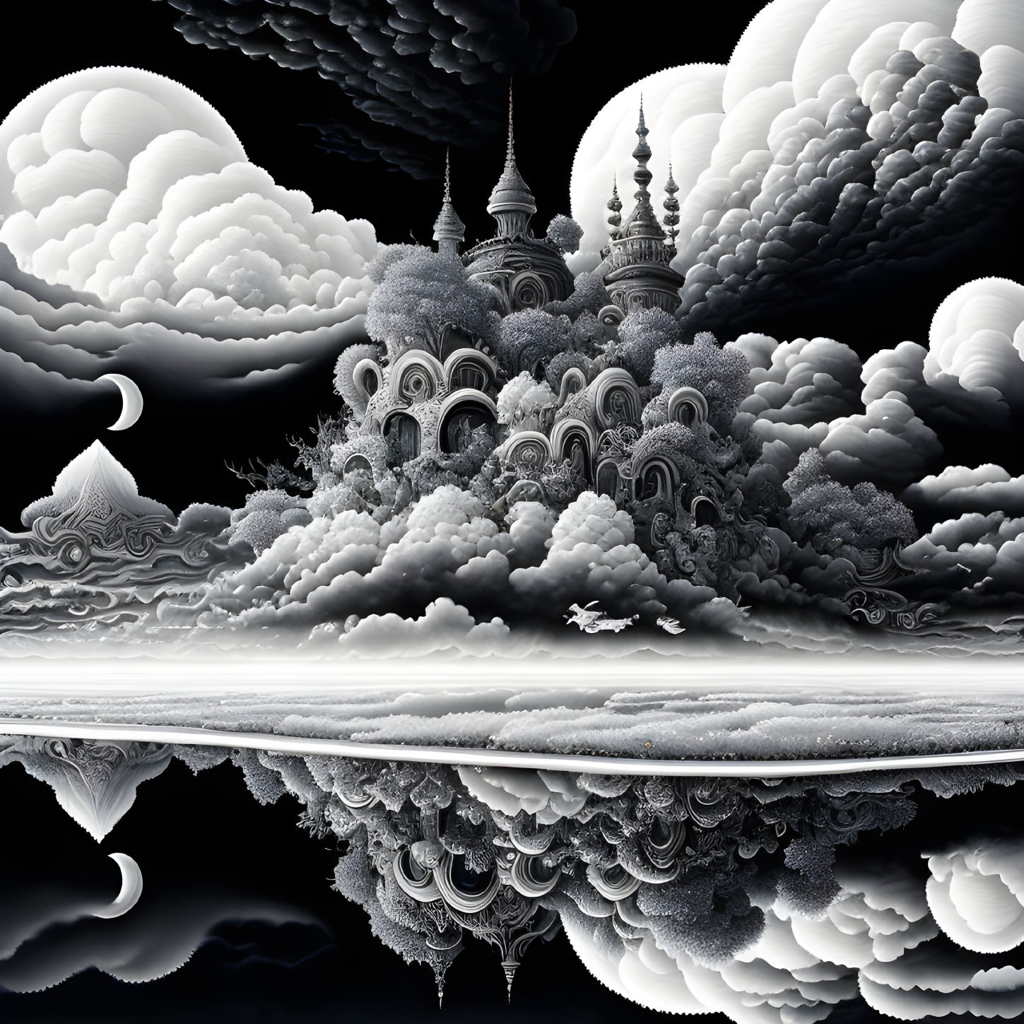 Monochrome fractal art of surreal landscape with clouds and intricate architecture