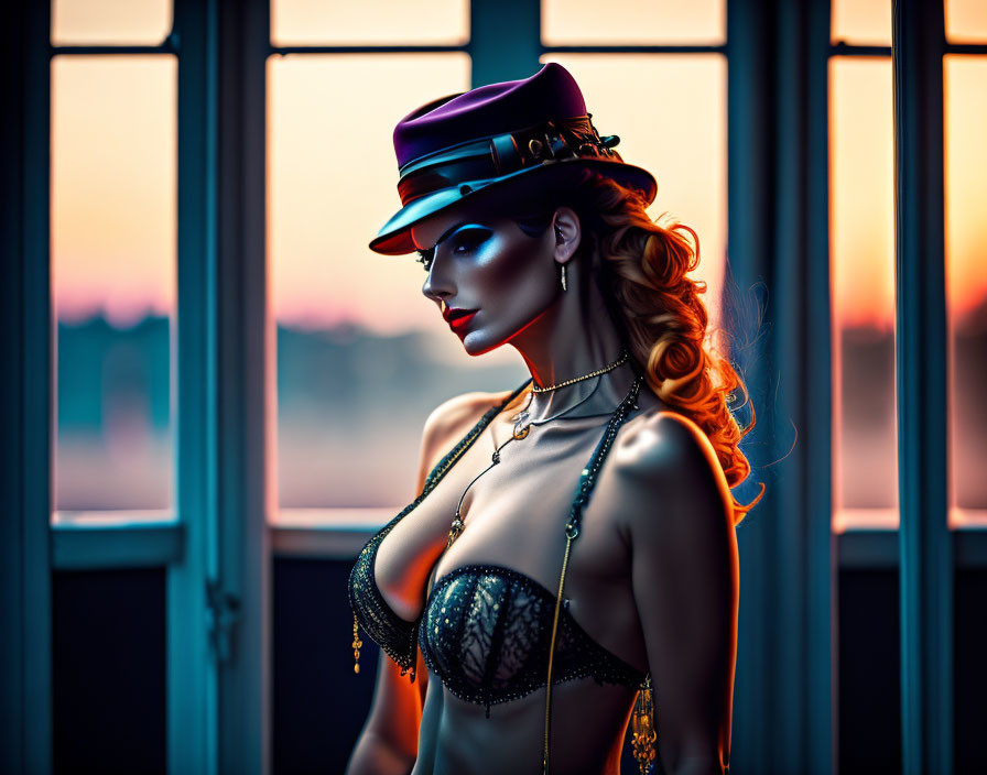 Stylized woman in costume at window during sunset