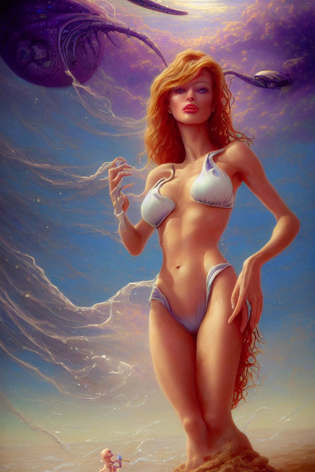 Red-haired woman in white bikini on beach with surreal purple sky and spaceship.