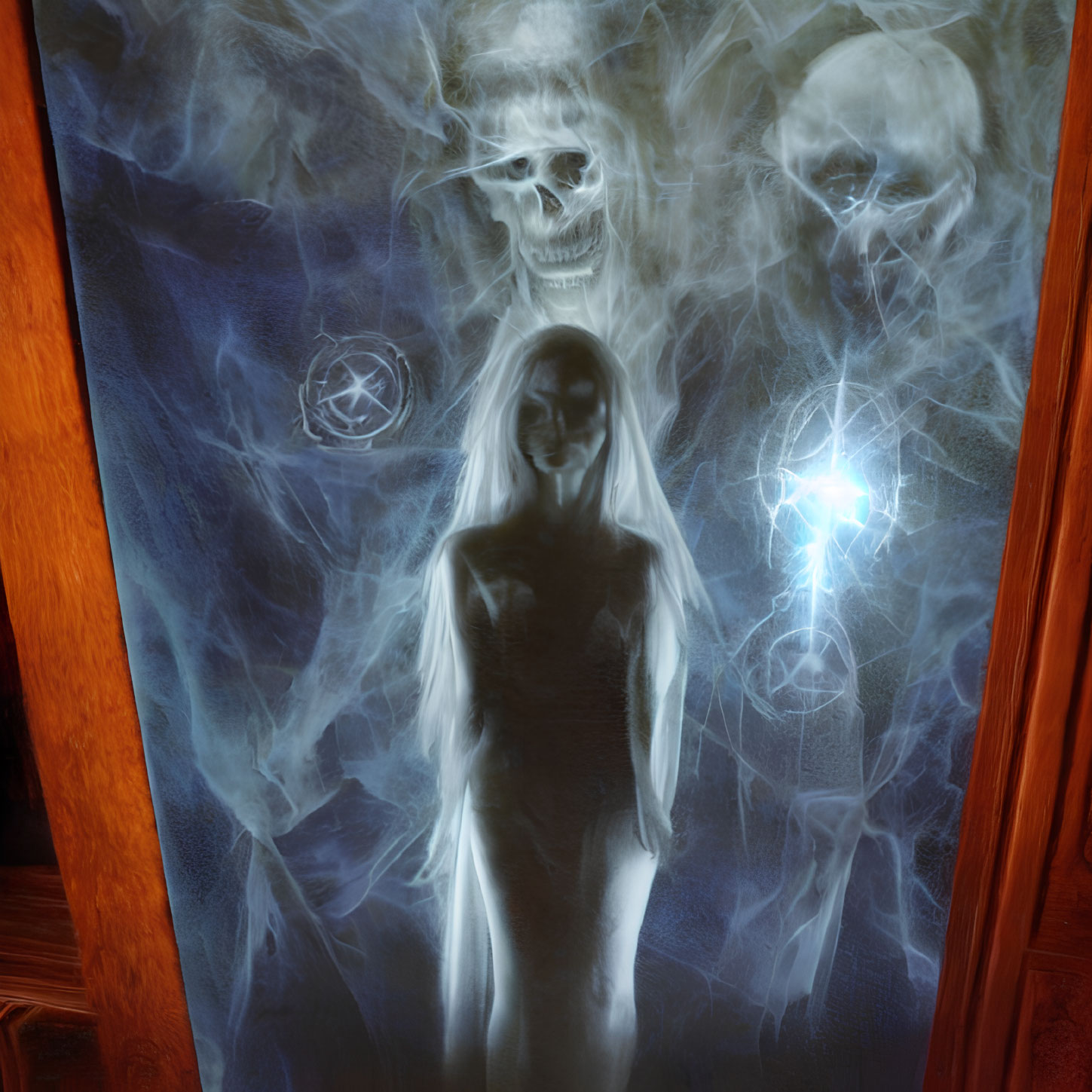 Ghostly figure with glowing eyes and spectral skulls in eerie setting