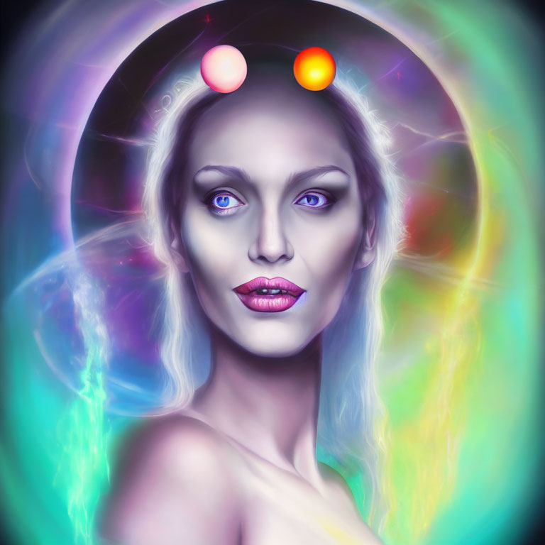 Colorful digital portrait of woman with blue eyes in cosmic setting