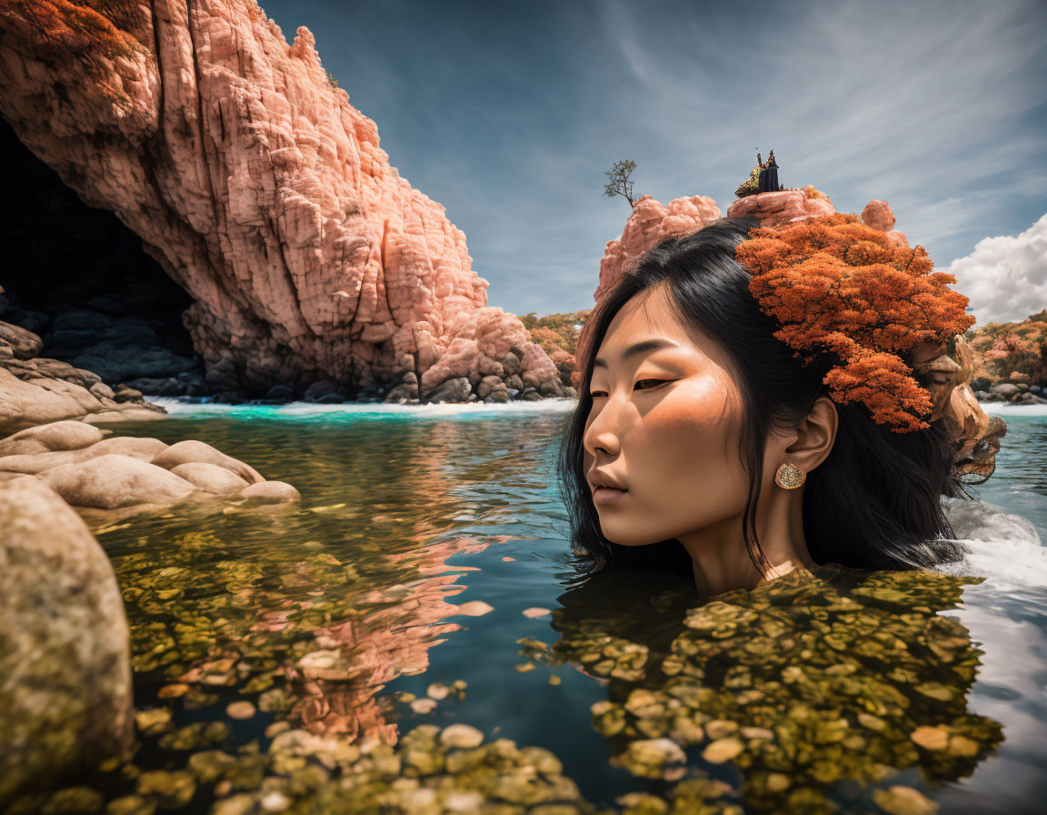 Woman's profile submerged in water near rocky cliffs under blue sky