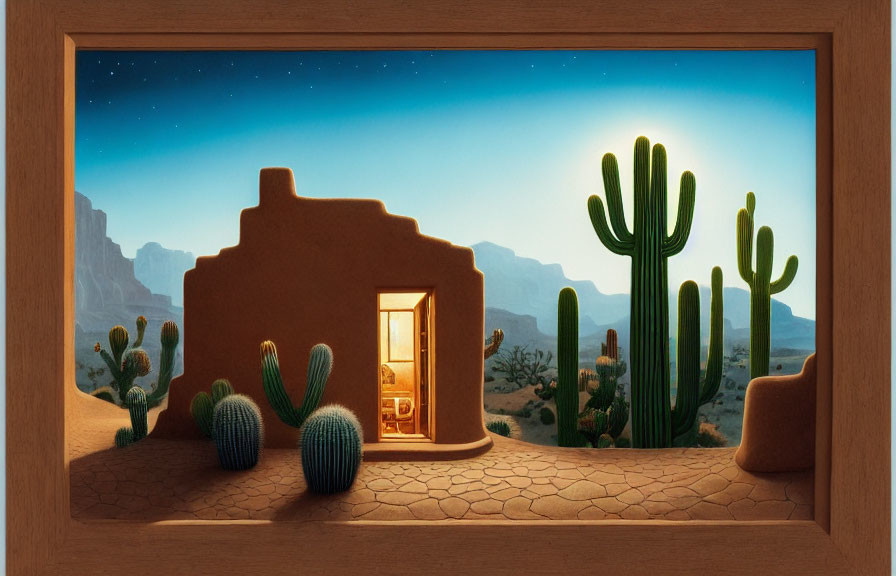 Desert night scene with adobe house and cacti under starry sky