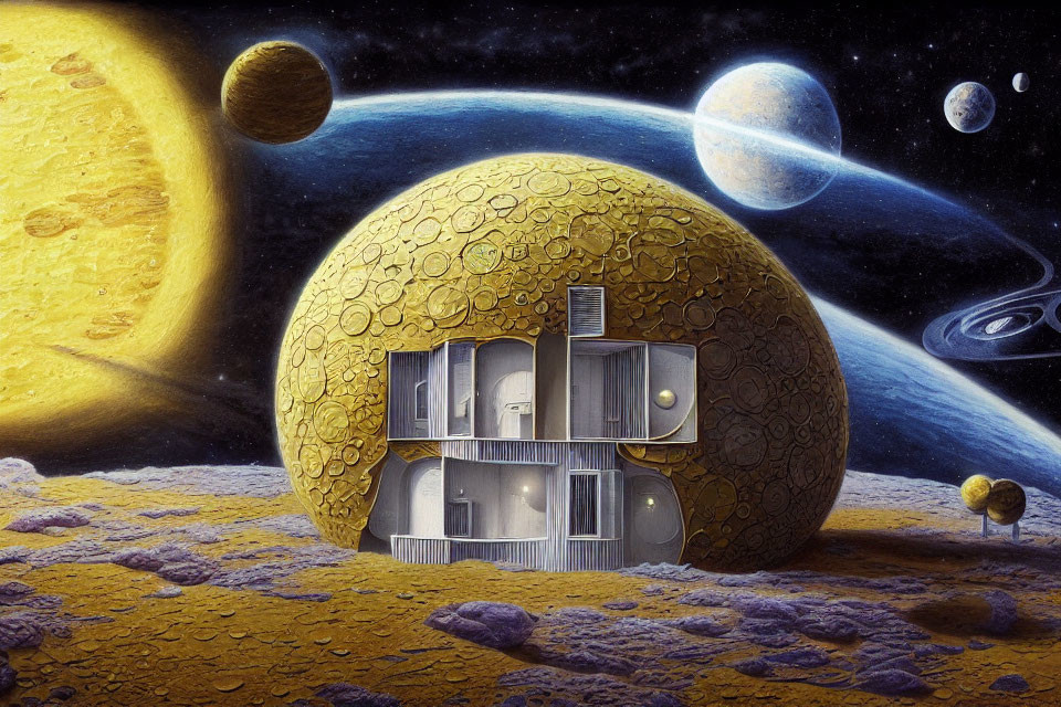 Surrealistic landscape with spherical honeycomb-patterned house on moon-like terrain