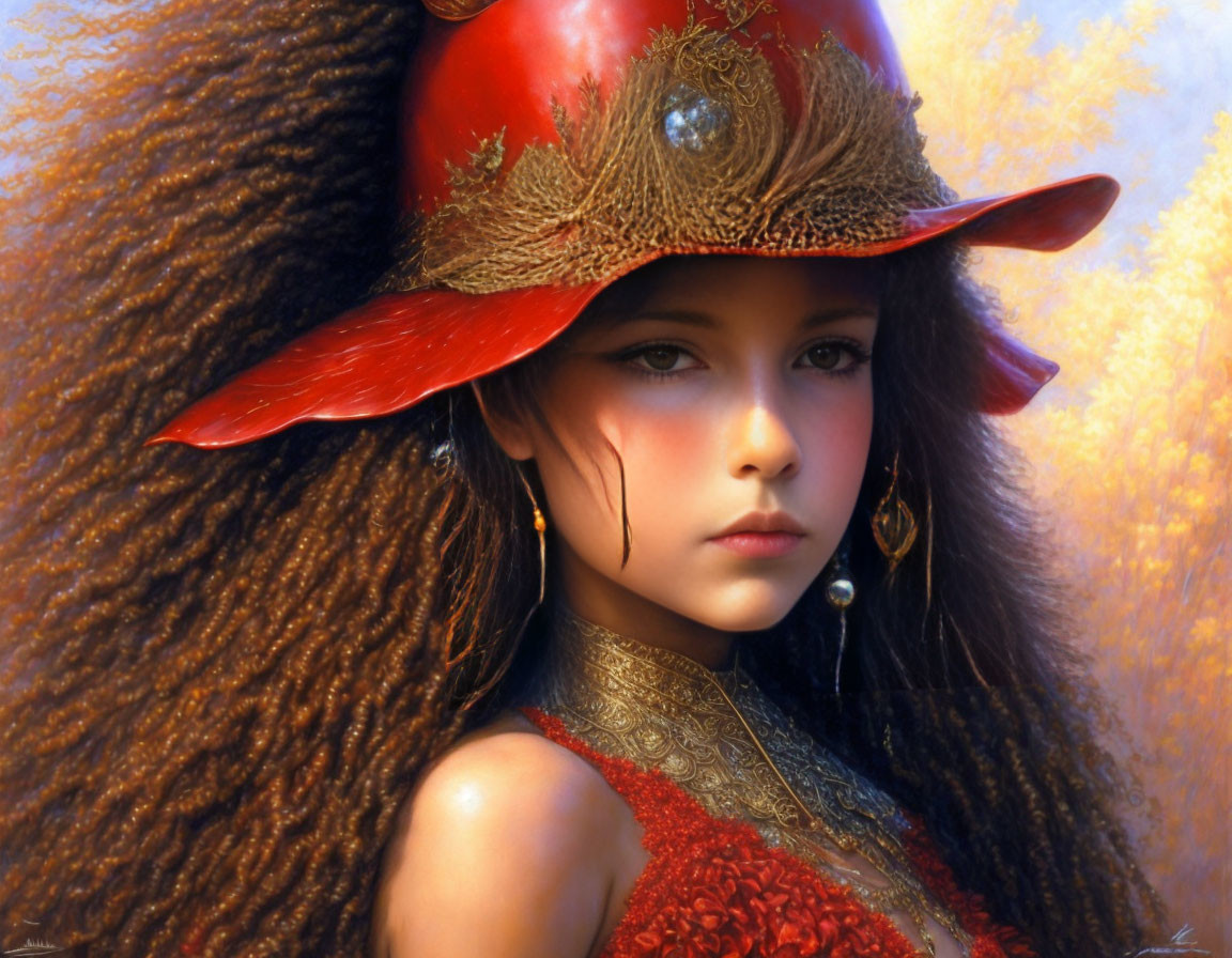 Young girl in red military-style hat and outfit with gold details on golden background