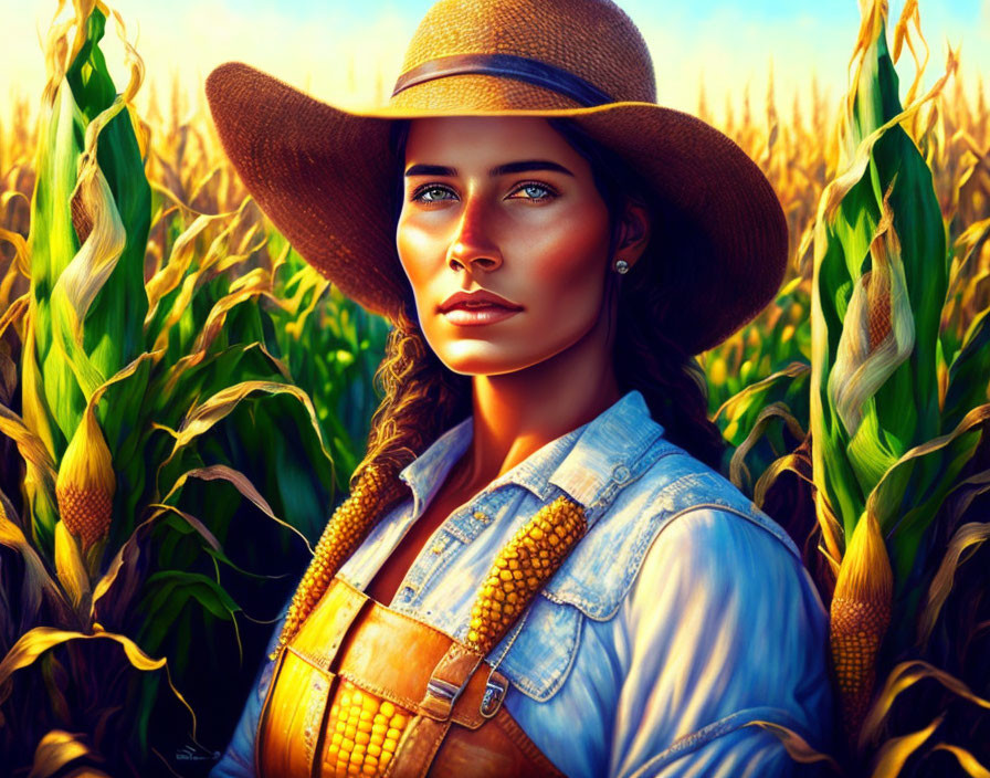 Woman in straw hat and denim shirt in cornfield with golden sunlight.