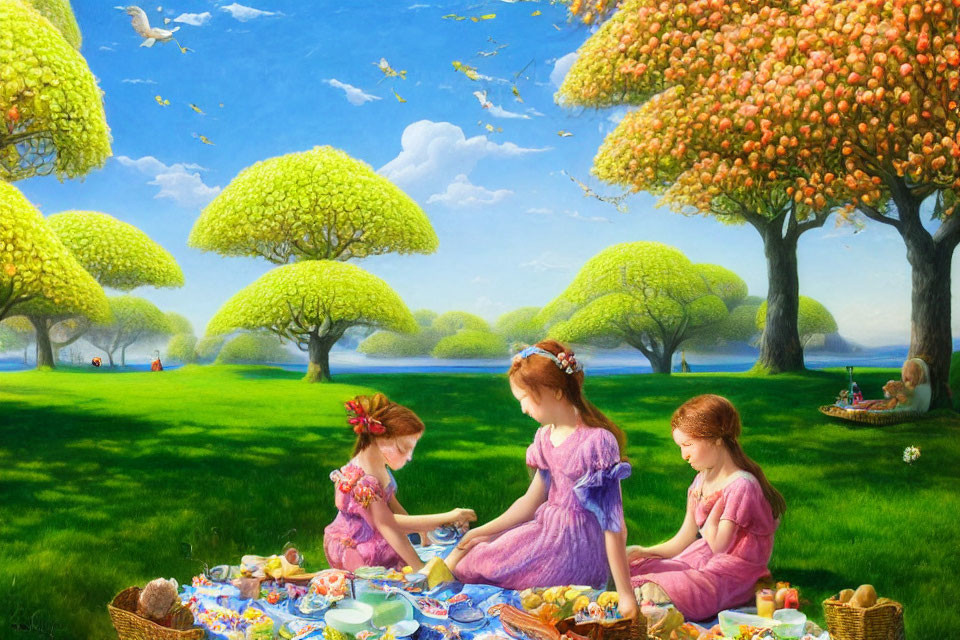 Three girls picnic in vibrant park with serene lake