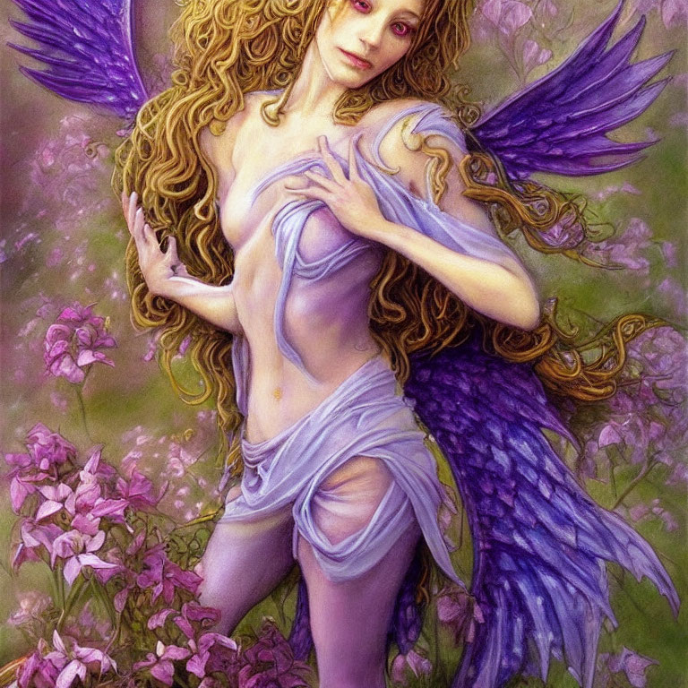 Whimsical fairy with blond hair and purple wings in floral setting
