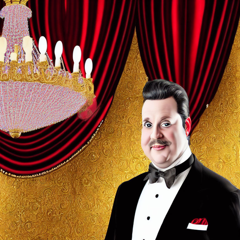 Smiling man in tuxedo with crown and red curtains portrait