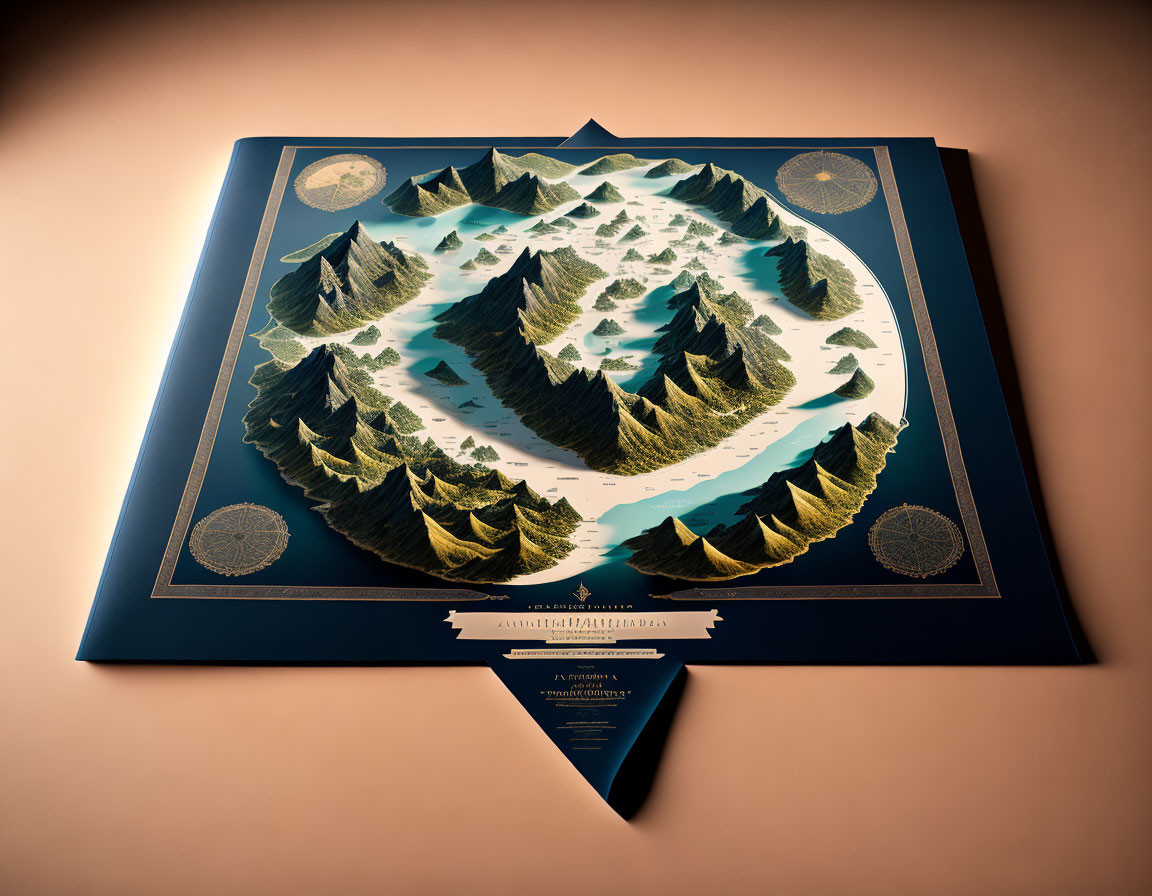Detailed 3D topographic map with mountain relief, symbols, legend, and warm-toned background