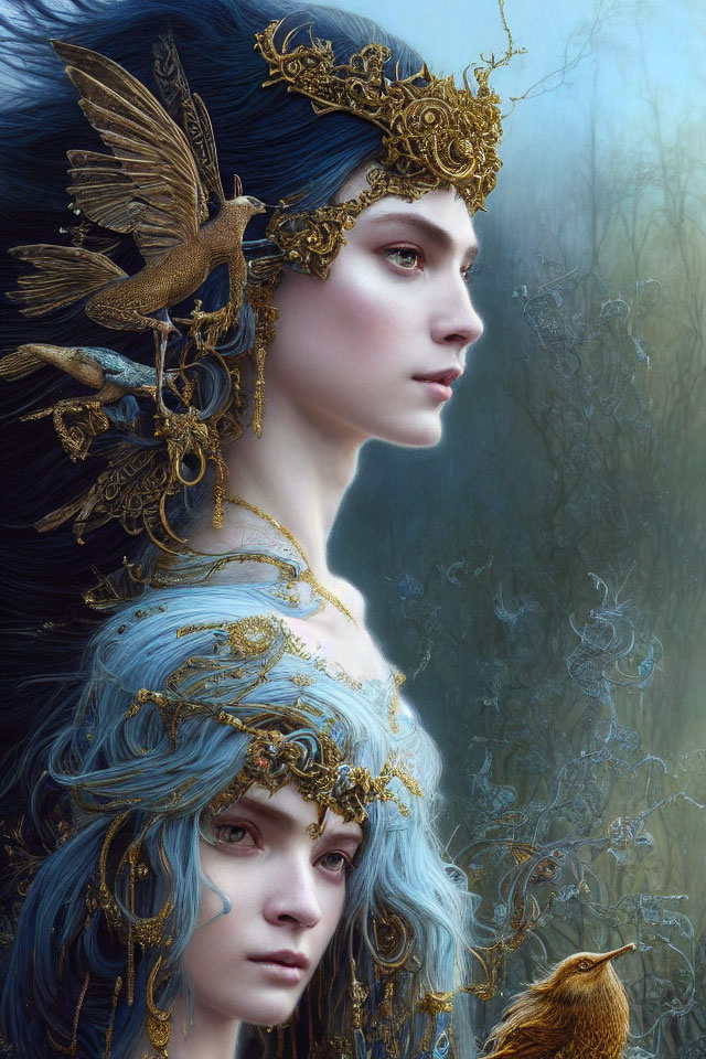 Ethereal women with golden headpieces and blue hair in misty forest scene