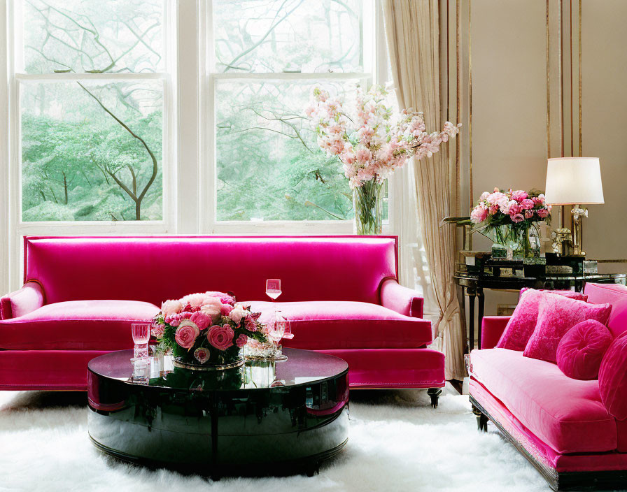 Pink Sofa in Chic Room with Large Windows, Black Coffee Table, and Floral Decor