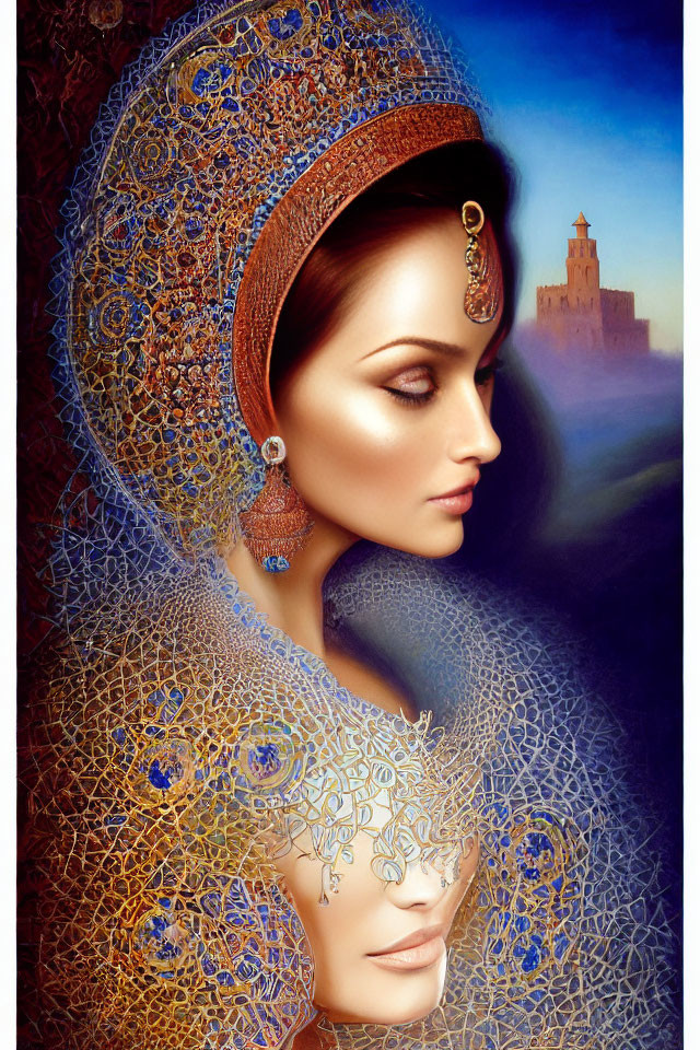 Digital artwork of woman with ornate headgear and castle backdrop