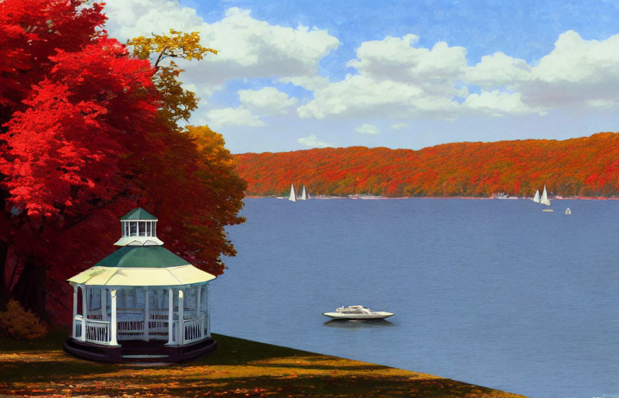 Tranquil Lakeside Scene with Gazebo, Autumn Trees, and Sailboats