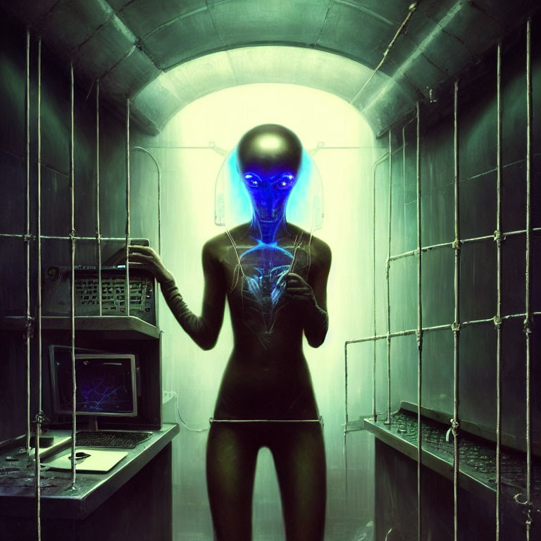 Glowing blue-skinned humanoid alien in futuristic metallic corridor