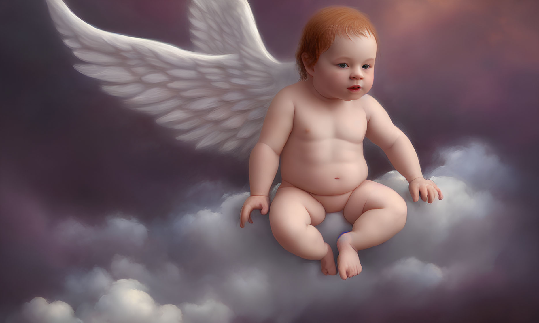 Cherubic baby with wings in fluffy clouds against purple sky