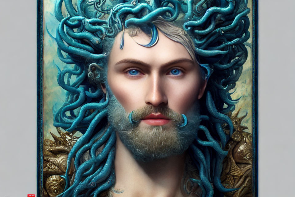 Male Figure with Blue Serpentine Hair and Beard, Intense Blue Eyes, Ornate Golden Details