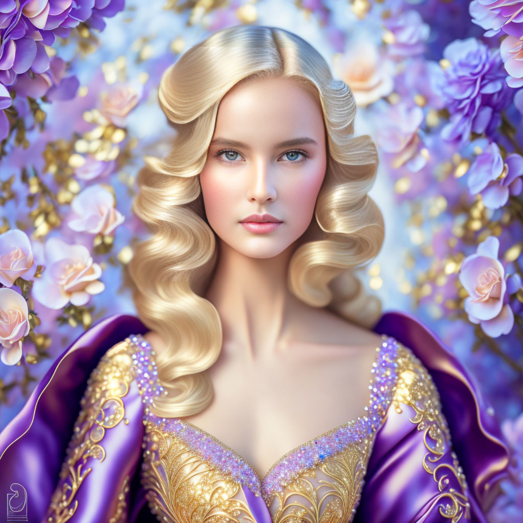 Blonde Woman Portrait with Floral Surroundings and Elegant Attire