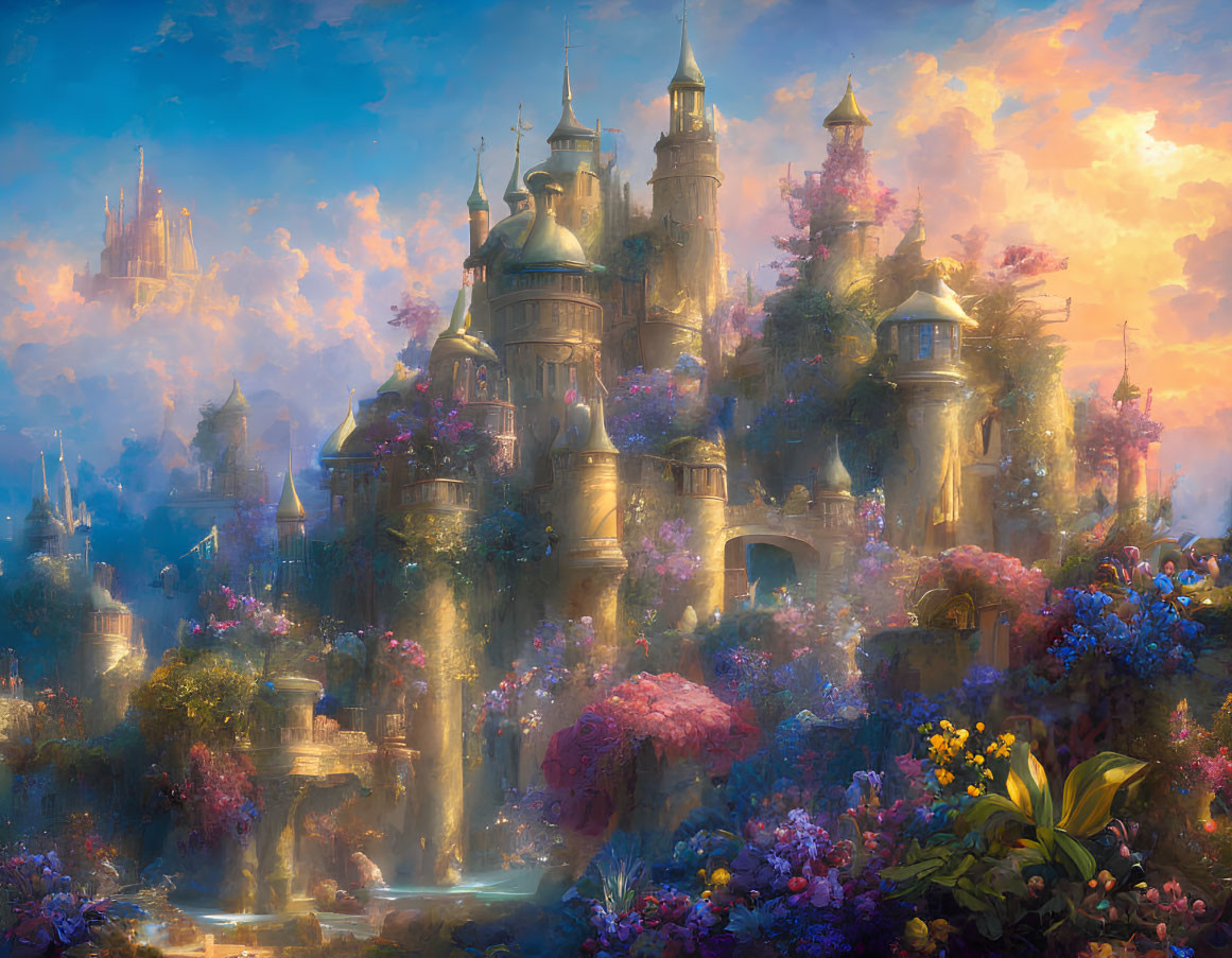 Majestic castles in enchanting fantasy landscape