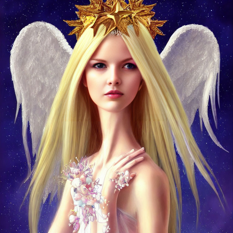 Blonde angel with wings and golden crown in starry setting