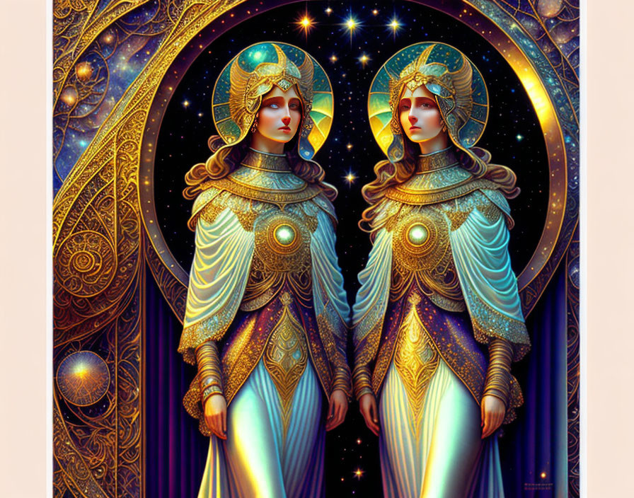 Ethereal figures in celestial attire with cosmic patterns on intricate background