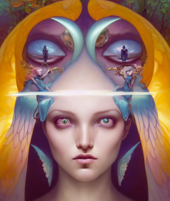 Symmetrical surreal portrait of woman with butterfly wings and vibrant colors