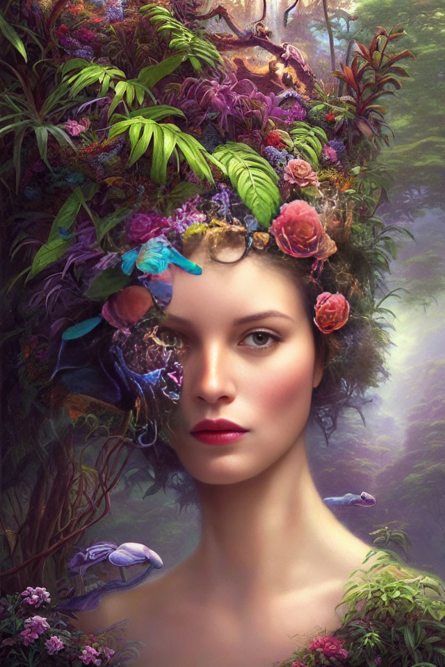 Woman with Floral Crown in Vibrant Forest Scene