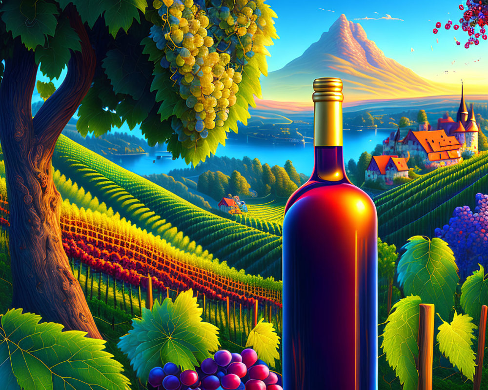 Scenic vineyard illustration with grapevines, wine bottle, village, and mountain.