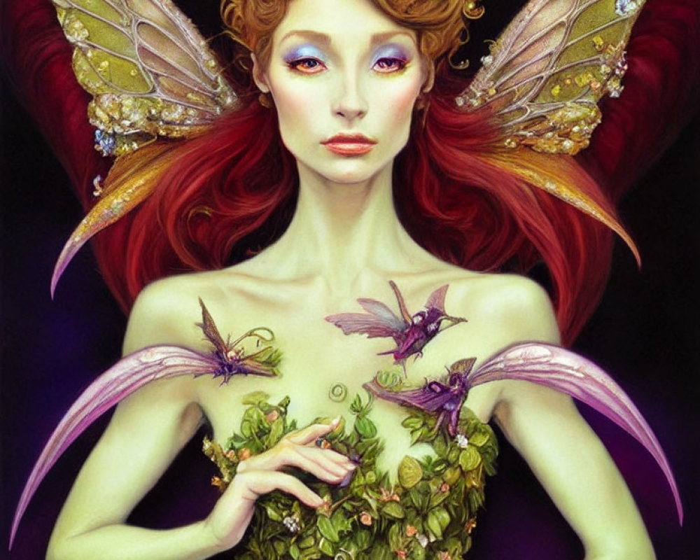 Fantastical fairy with red hair, ornate wings, leaf dress, and purple dragons.