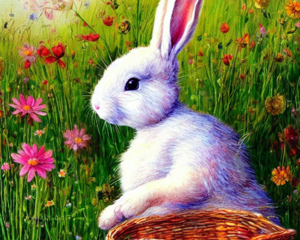 White Rabbit in Wicker Basket Surrounded by Colorful Flowers
