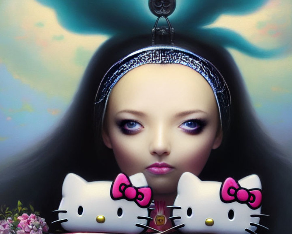 Surreal portrait of female figure with expressive eyes and Hello Kitty figures against dreamy background