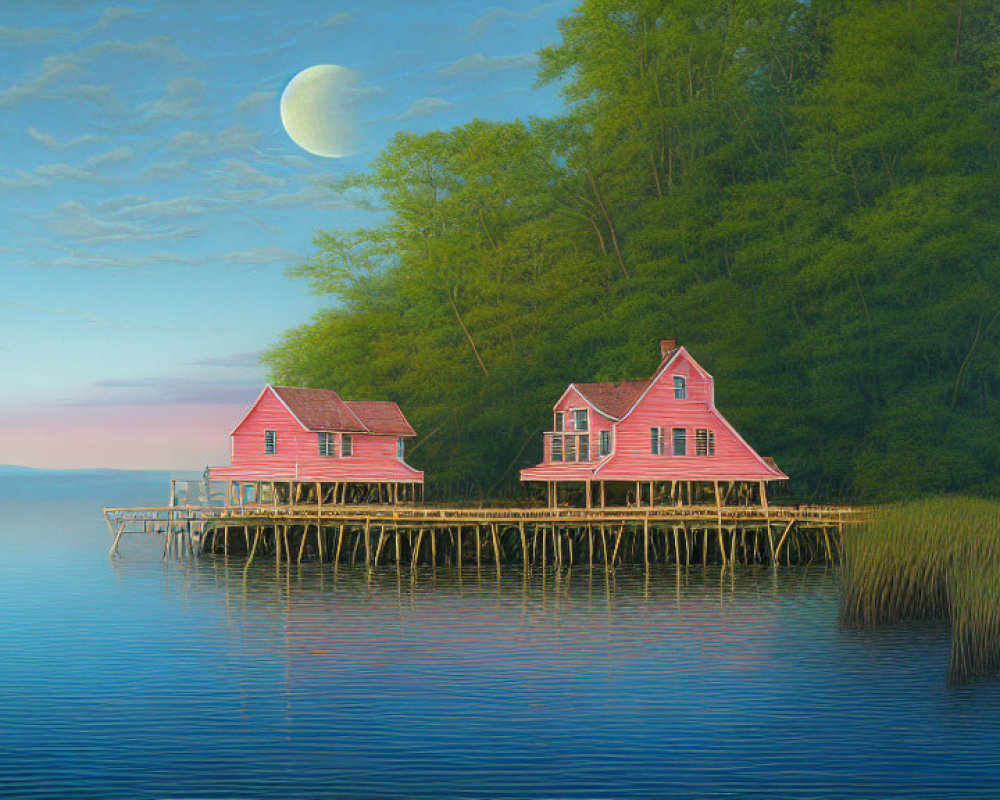 Pink wooden houses on stilts by calm lake with lush green forest backdrop
