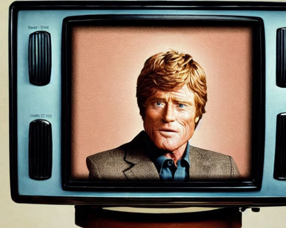 Man with unique hair and eyes in caricature on vintage TV set with dials
