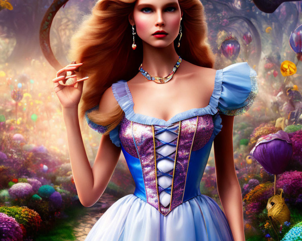 Digital artwork of woman with blonde hair in fantasy forest wearing blue and purple dress