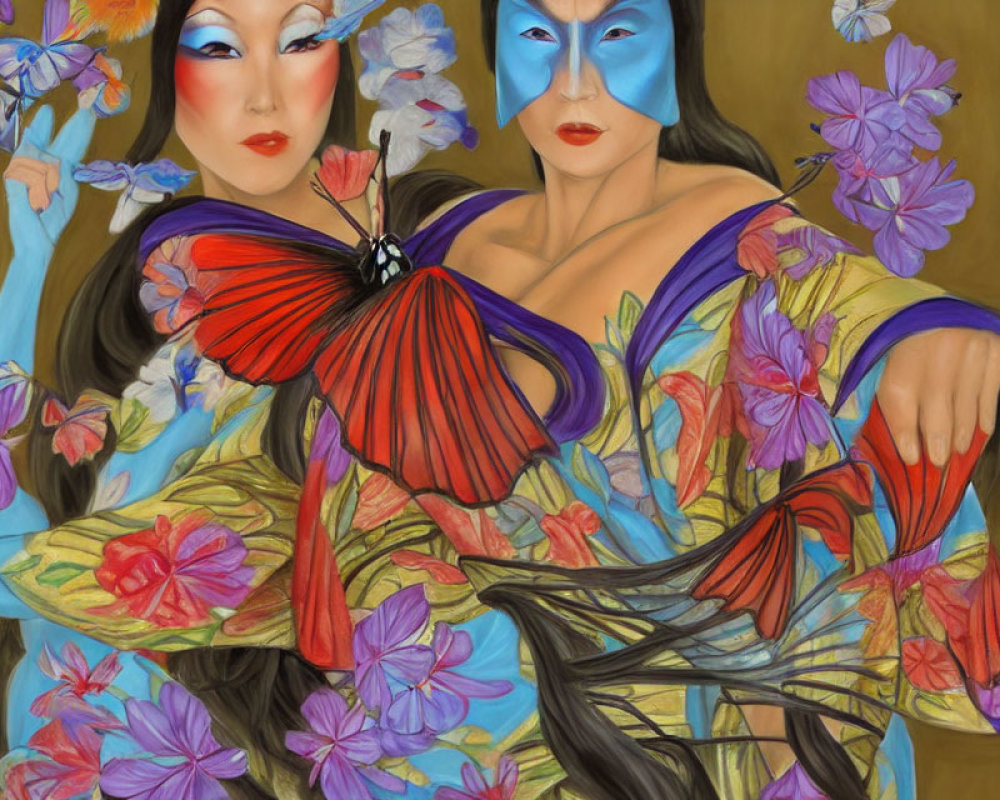 Vibrant artwork featuring two women in floral dresses with red and blue masks, surrounded by flowers