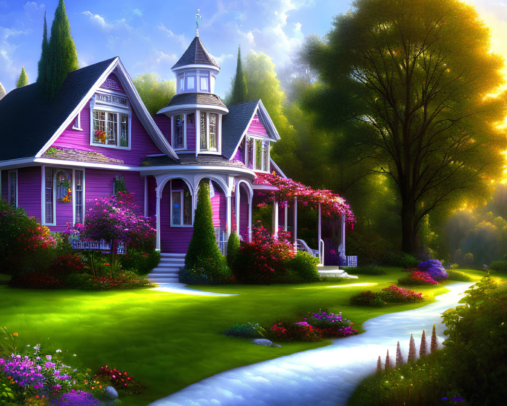 Purple Victorian House with Lush Gardens and Cobblestone Pathway