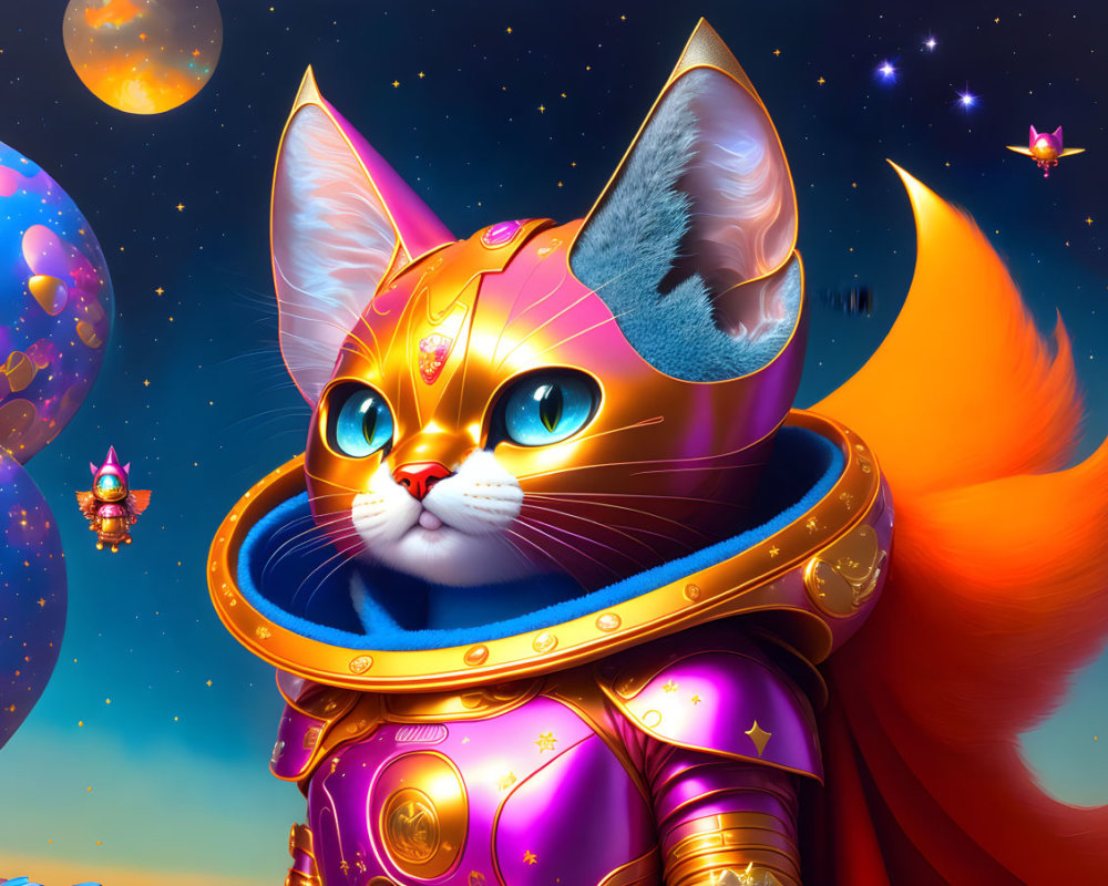 Illustrated Space Cat in Vibrant Astronaut Suit with Cosmic Background