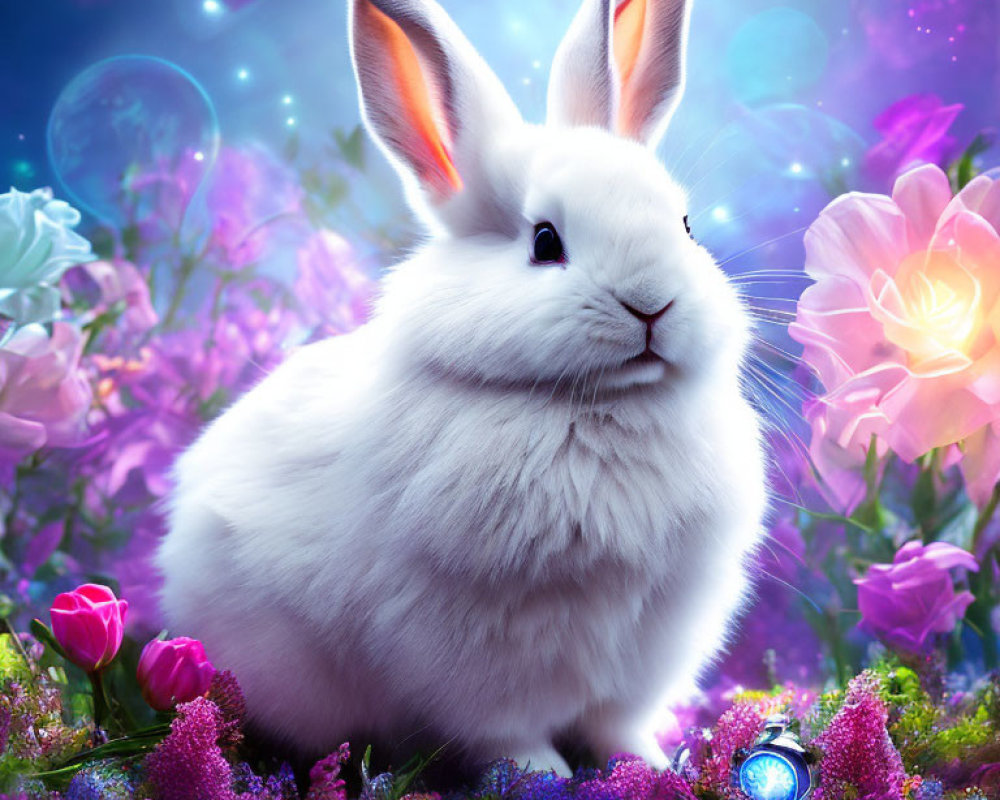Fluffy White Rabbit in Vibrant Flower Garden with Purple Sky