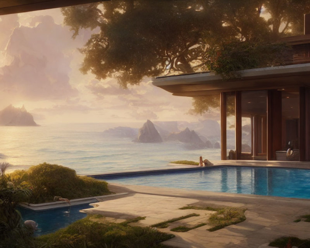Luxurious wooden house poolside view overlooking sea with rocky islands and person relaxing at sunset